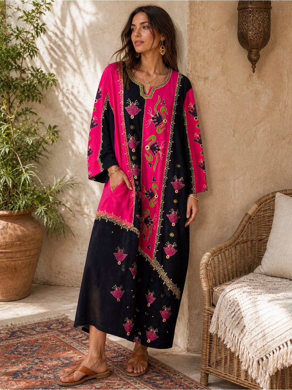 Vintage Embroidered Caftan Dress Women | Boho Kaftan Pink Black Resort Statement
